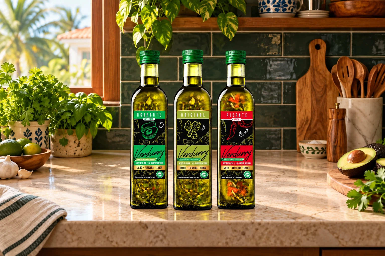 Tres botellas Verdurry: Aguacate, Original y Picante