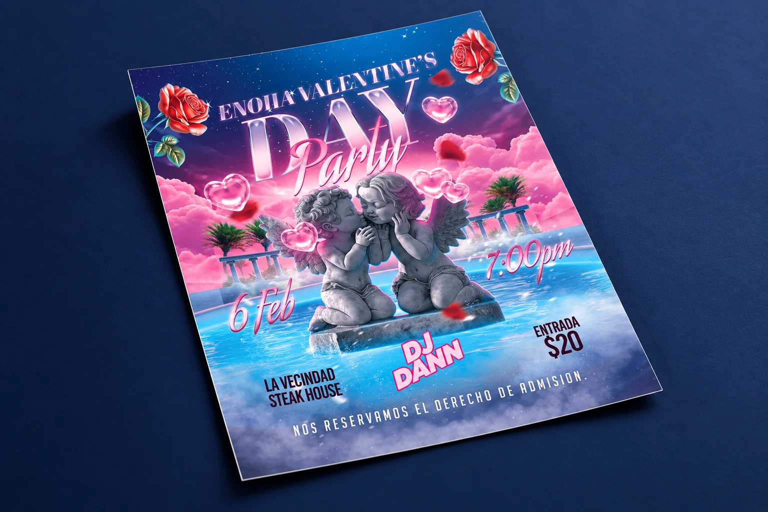 Flyer de evento presentado como hoja suelta en perspectiva