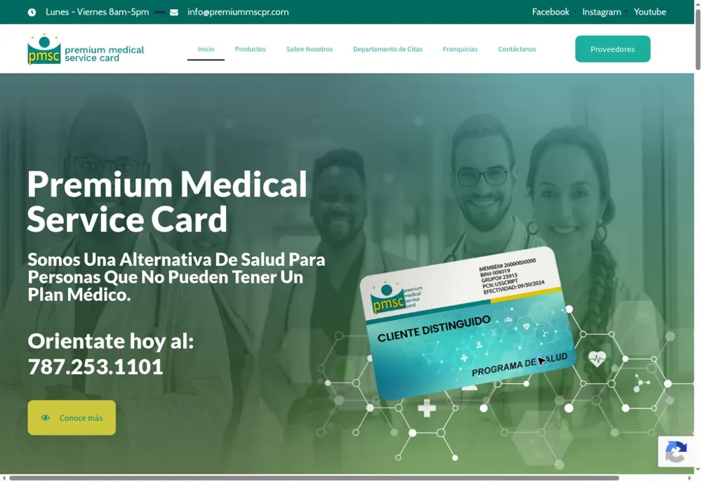 Vista de la página web de Premium Medical Service Card